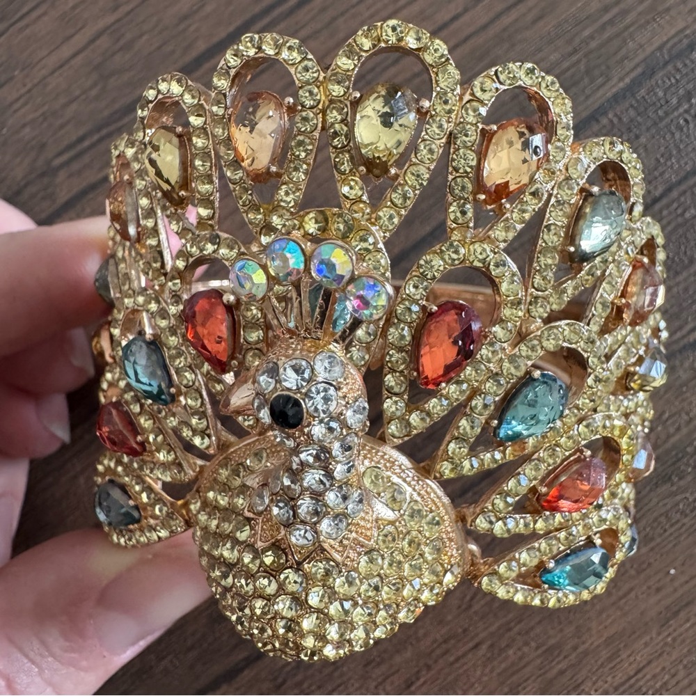 Gold Peacock Bracelet with Multicolor Rhinestones